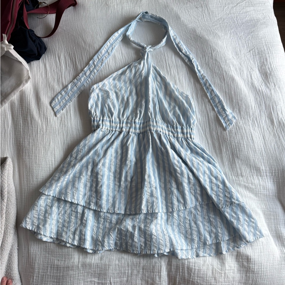 ASOS Light Blue and White Striped Halter Tiered Sundress